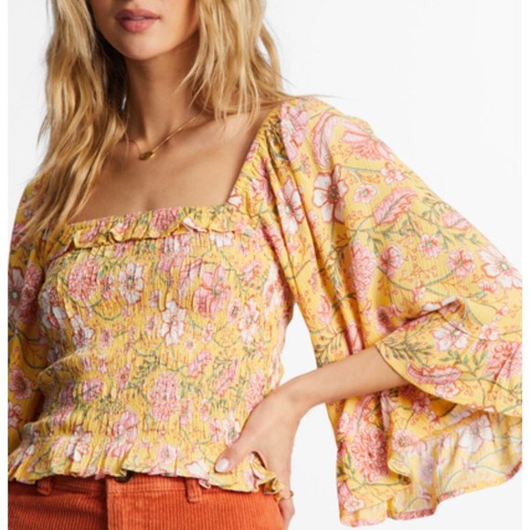 BILLABONG Be My Babe Crop Top Sz L Yellow Floral Bell Sleeve Square Neck Viscose - Picture 6 of 11